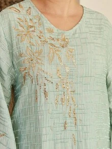 Solessence Ramadan Damen elegantes besticktes Gold Perlen Dekor Kleid im arabischen Stil mit V-Ausschnitt, kreative Ärmel, modisch & graziös, Frühling/Sommer 2025 Eid Al-Adha Kollektion, bescheidener Kaftan - Grün - Übersicht 3