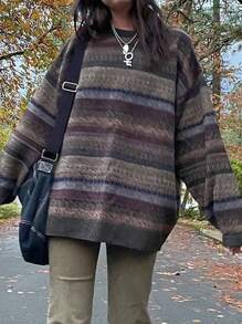 Women Y2K Striped Pullover Sweater Casual Knit Long Sleeve Crewneck Vintage Preppy Style Pullover Sweatshirts Knitwear - 棕色 - 查看 1