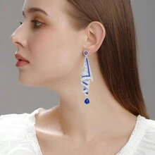1 对新款时尚纯银针复古缎面耳环，高端蓝色优雅珠宝耳环 - 鑲鑽綢緞耳釘 - 查看 2