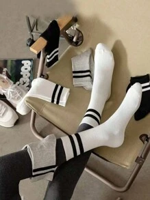 5 双休闲百搭随机条纹中筒袜 - 彩色 - 查看 1