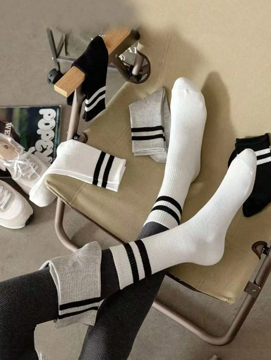 5 双休闲百搭随机条纹中筒袜 - 彩色 - 查看 1