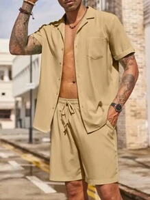 Men's Casual Simple Shirt Set, Beach - Beige - View 1