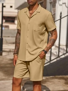 Men's Casual Simple Shirt Set, Beach - Beige - View 4