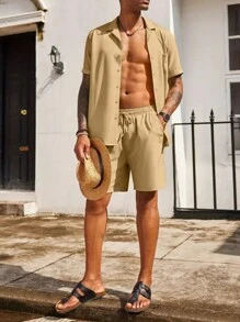 Men's Casual Simple Shirt Set, Beach - Beige - View 5