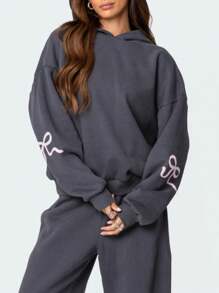 Women Y2k 2 Piece Outfits Sweatsuit Oversized Bow Print Sweatshirt And Sweatpants Graphic Hoodie + Wide Leg Pants Tracksuit Sweat Lounge Matching Set 2024 Fall Streetwear Fall Spring Outfit Aesthetic Clothes - 深灰色 - 查看 4