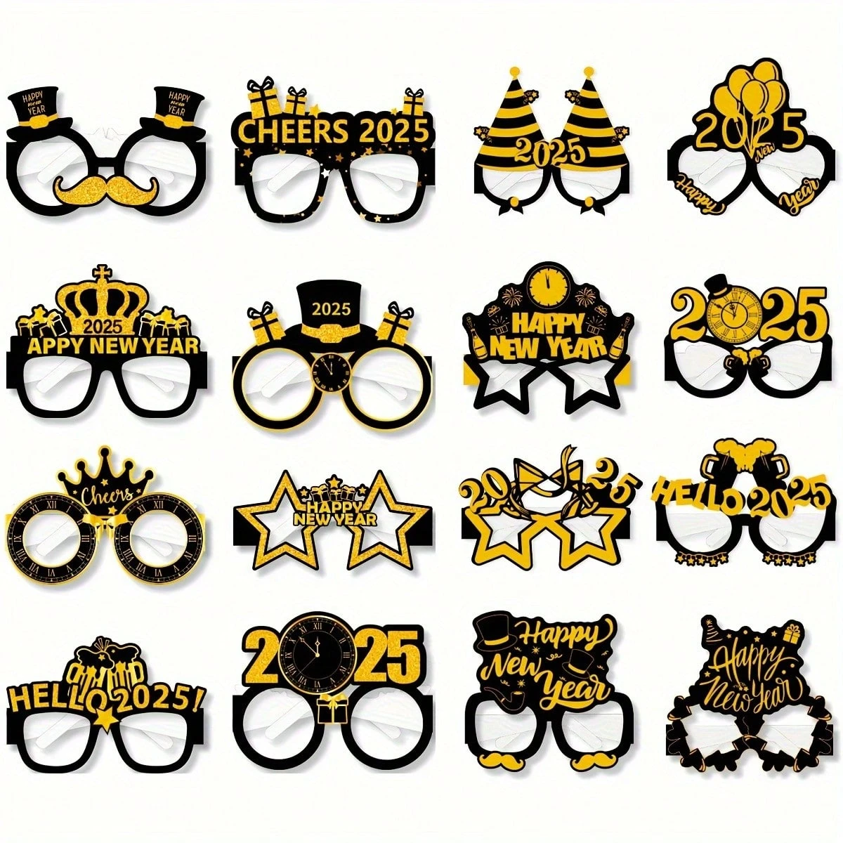 16pcs 2025 New Year Party Supplies, Black And Gold Paper Glasses, One