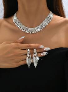 1 Set Including 1 Fully Rhinestone Necklace, 1 Pair Of Fully Rhinestone Tassel Earrings, 1 Hollow Fully Rhinestone Bracelet, Suitable For Evening Dresses And Versatile Accessories - Silver - View 2