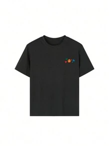 1 pezzo Maglietta casual da ragazza con grafica, collo rotondo, maniche corte, con stampe di alberi di cocco, sole e animali carini in stile artistico, per ispirare l'immaginazione e l'espressione di sé delle ragazze pre-adolescenti, indumento estivo per studenti