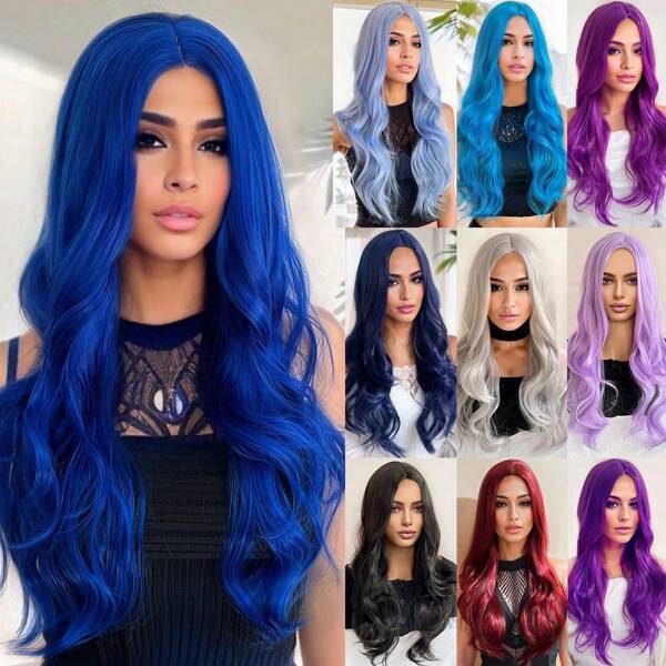 1 Colorful Synthetic Wig Body Wave Long Curly Hair Center Part No Fringe Wig Halloween Christmas Festival Green Hat Festival Wig Multi-Colored Wig Navy Blue Royal Blue Wine Red Black Purple