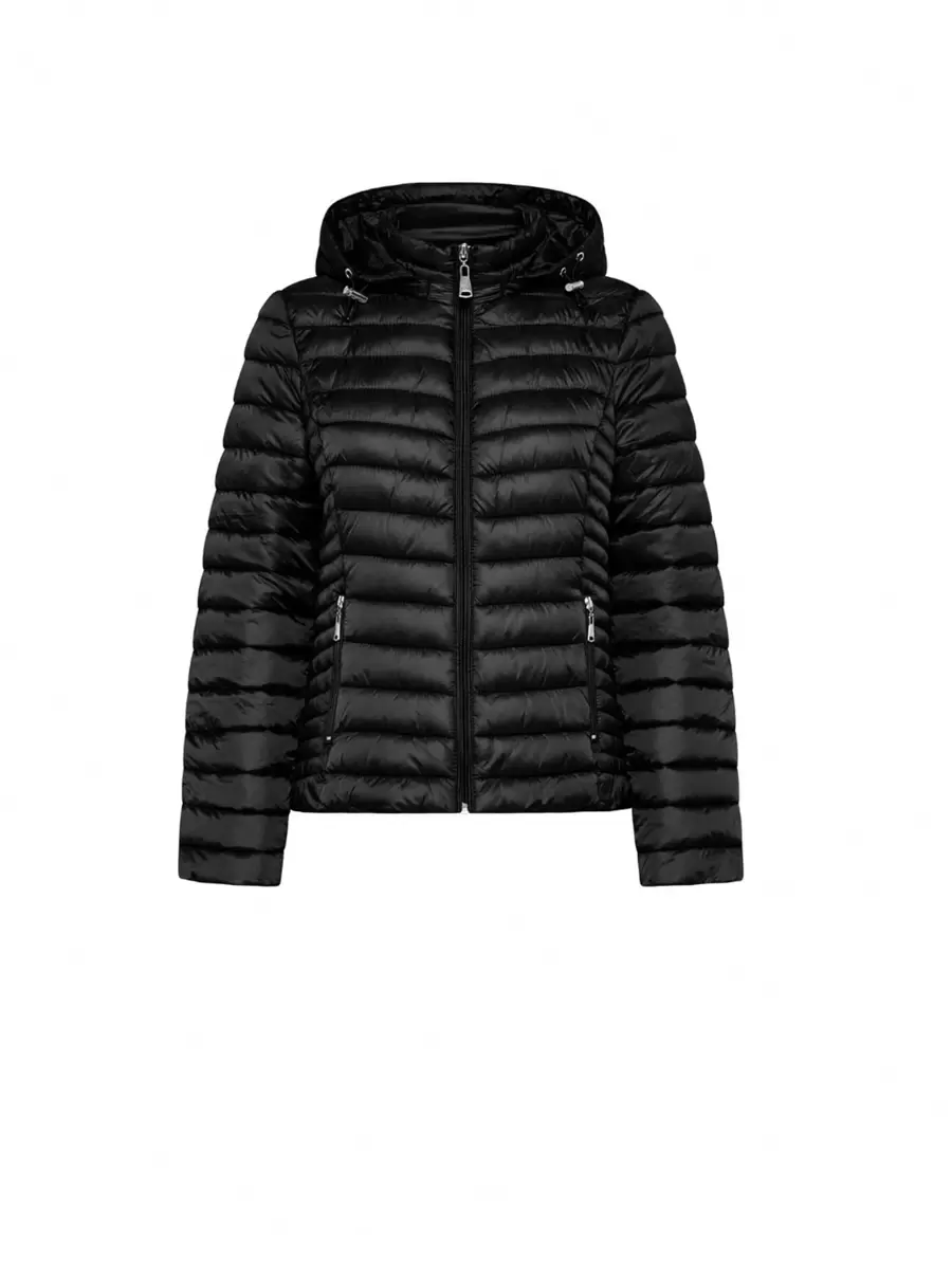 Woven Fabric Women's Winter Quilted Jacket With Drawstring Hood And Zipper Pockets Casual Style - Black - View 1