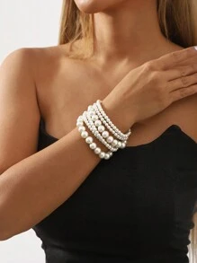 6pcs Fashion Pearl Beaded Bracelet For Girls, Elegant High-End Multi-Layer Elastic Bracelet Accessories - White - View 12