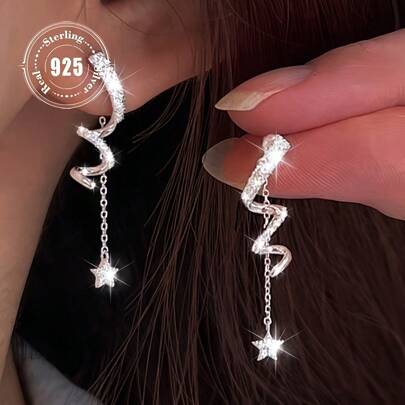 1 Pair Elegant 925 Sterling Silver Zirconia Geometric Spiral Twisted Star Tassel Dangle Earrings, Versatile Fashion Drop Earrings For Women, Ideal For Parties And Daily Wear, All Seasons Jewelry For Women Earrings Women