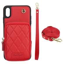 Funda de piel sintética (PU) compatible con iPhone 16, 15, 14, 13, 12, 11, Pro, X, XS, Max, XR, 8, 7 Plus, SE 2020, 2022, con ranuras para tarjetas, cremallera, bandolera y cuerda para el teléfono - Rojo - Ver 33