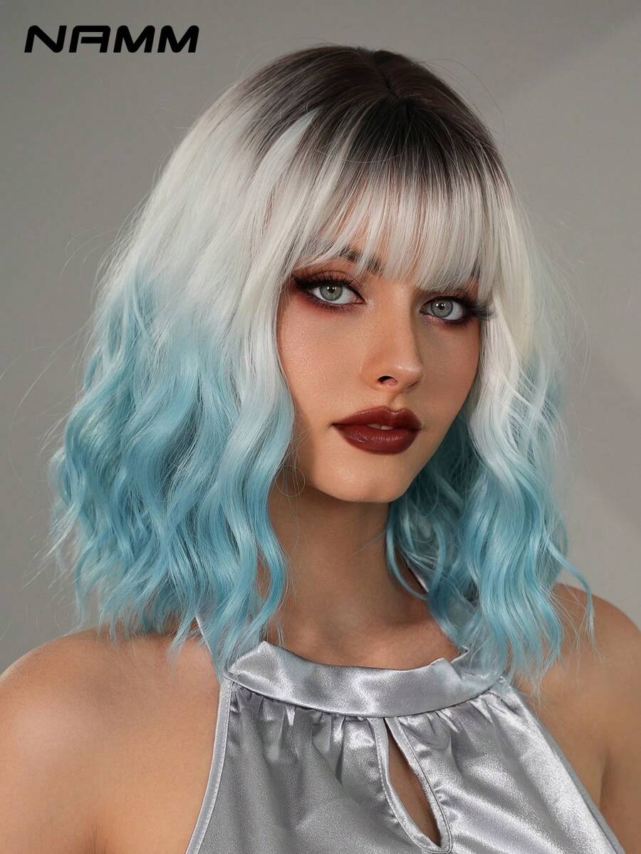 AKAKO 渐变灰蓝色短卷发假发，女士 14 英寸波浪波波头假发，带刘海，合成耐热纤维假发，适合派对角色扮演万圣节、黑暗摇滚、音乐节街头嘻哈 Y2K 风格服装假发