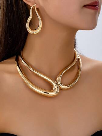 1 Set collar gargantilla minimalista de metal con remaches de moda y aretes de gota de agua, para uso diario/playa, regalo