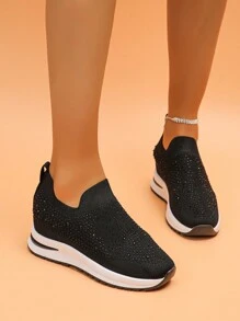 1 Pair Women's New Wedge Thick Sole Sneakers, Fashion Versatile Lightweight Non-Slip Breathable Mesh Slip-On Casual Shoes, Rhinestone Decorated Shoes