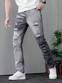 Teen Boy Comfortable Distressed Straight-Leg Jeans - Light Grey - View 1