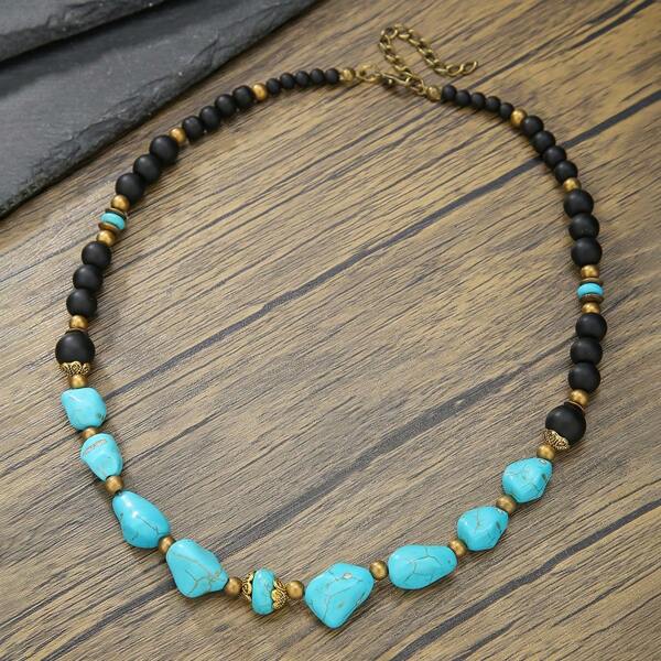 1 pièce Collier de perles en pierre naturelle mate turquoise asymétrique géométrique vintage. Design polyvalent convenant pour le port quotidien des hommes ou en cadeau