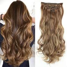 Extensiones de cabello sintético, set de 7 piezas con 16 clips, de color marrón mezclado con rubio, ondulado largo, resistente al calor, para uso diario, de fiesta y vacaciones de las mujeres