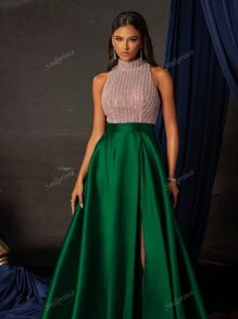 Elegant Green Sequin Halter Neck Gown With High Slit, Floor-Length Formal Evening Dress, Women's Prom Gown, Sparkly Party Dress, Wedding Guest Dress