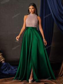 Elegant Green Sequin Halter Neck Gown With High Slit, Floor-Length Formal Evening Dress, Women's Prom Gown, Sparkly Party Dress, Wedding Guest Dress
