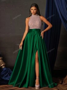 Elegant Green Sequin Halter Neck Gown With High Slit, Floor-Length Formal Evening Dress, Women's Prom Gown, Sparkly Party Dress, Wedding Guest Dress
