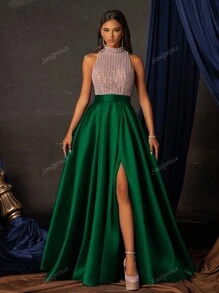 Elegant Green Sequin Halter Neck Gown With High Slit, Floor-Length Formal Evening Dress, Women's Prom Gown, Sparkly Party Dress, Wedding Guest Dress