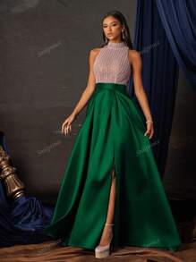 Elegant Green Sequin Halter Neck Gown With High Slit, Floor-Length Formal Evening Dress, Women's Prom Gown, Sparkly Party Dress, Wedding Guest Dress