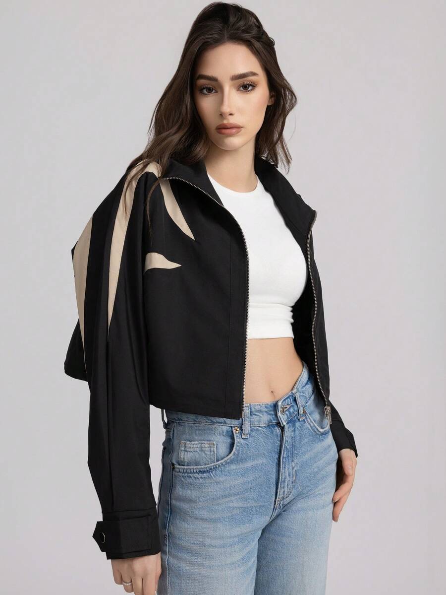 Chaqueta casual sencilla de mujer con cremallera delantera, manga larga y color liso con parches - Negro - Ver 1