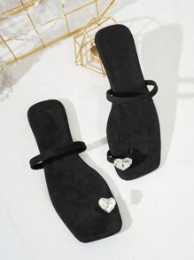 Square Toe Mule Slip-On Black Ladies Sandals, Stylish High-End Slippers To Wear With Dresses In Summer, Rhinestone Toe Strap Flat Sandals With Simple Elegant Design For Women