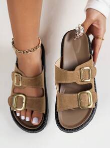 Wide Fit Platform Slide Sandals With Metal Buckle Decor, Comfortable Soft Sole Beach Slippers