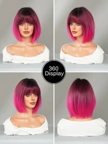 AKAKO Tóc giả ngắn màu hồng ombre 12 inch cho nữ, tóc giả bob thẳng tổng hợp tuyệt đẹp có mái và chân tóc sẫm màu, tóc giả sợi chịu nhiệt chất lượng cao cho bé gái mặc hàng ngày, sử dụng trong tiệc lễ hội âm nhạc, phong cách hip hop đường phố Y2K, phụ kiện tóc giả thời trang trang phục - Màu hồng ombre - Xem 8