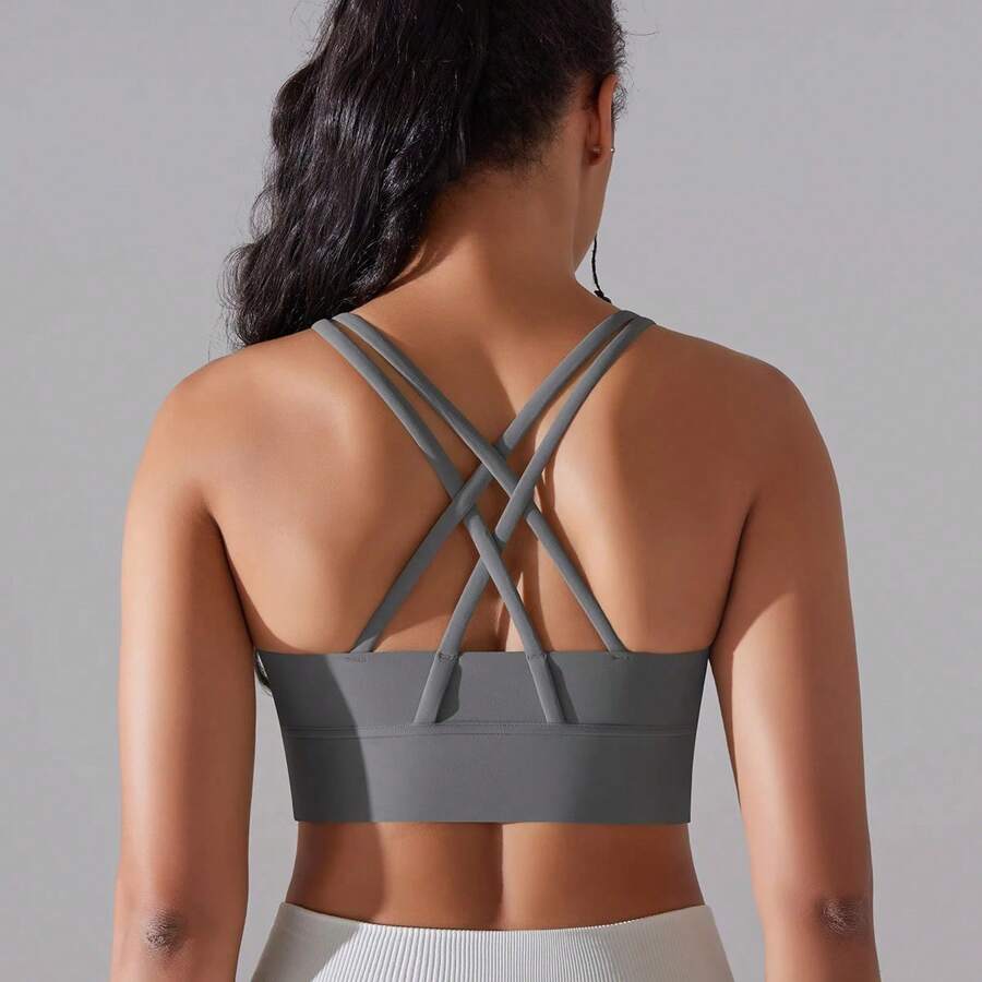 Top tipo sujetador para yoga para mujeres, camiseta sin mangas para fitness con sensación de desnudez, sujetador deportivo, camiseta de gimnasio, ropa interior deportiva, conjunto de ropa deportiva - Gris - Ver 1