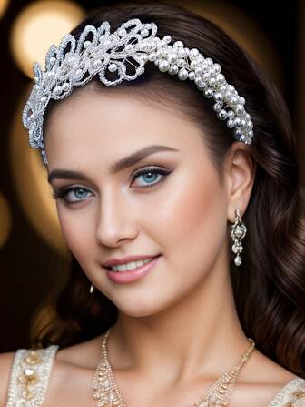 1 件情人节户外拍摄头带，浪漫设计，带珍珠、水晶和珠子装饰，HP606 情人节发带发箍