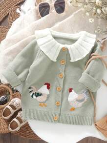 Suéter para niña con bordado de gallo, cuello de muñeca, manga larga, botones, para otoño e invierno. - Verde - Ver 2
