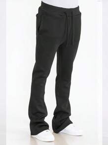 Pantalones de chándal casuales con forro polar técnico para hombre, en color sólido y apilados - Negro - Ver 3
