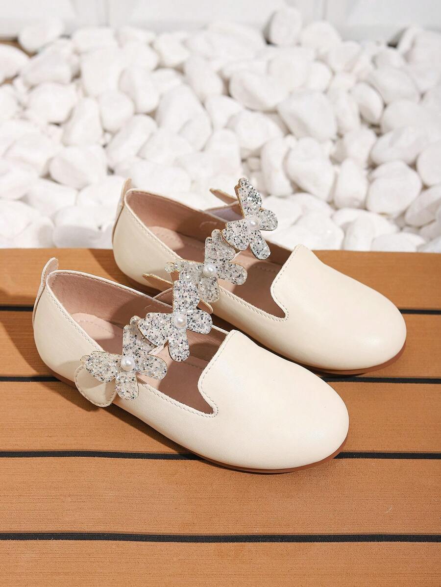 可爱甜美的蝴蝶、花朵、珍珠装饰女童平底鞋，春夏 - 白色 - 查看 1