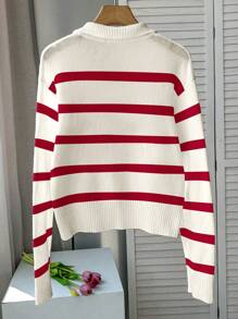 FOR BEAUTY 春夏新款红色 Polo 领半拉链复古条纹撞色长袖针织衫，女款，J 码，时尚宽松通勤风毕业季针织套头衫，新年女装 - 紅色 - 查看 2