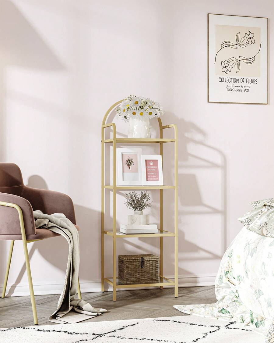 HEXCELEN Bookcase Bookshelf, Tempered Glass Bookshelves, Slim Shelving Unit For Bedroom, Bathroom, Home Office, Steel Frame, Home Decor,4/5/6 Tier Gold - 金色 - 查看 1