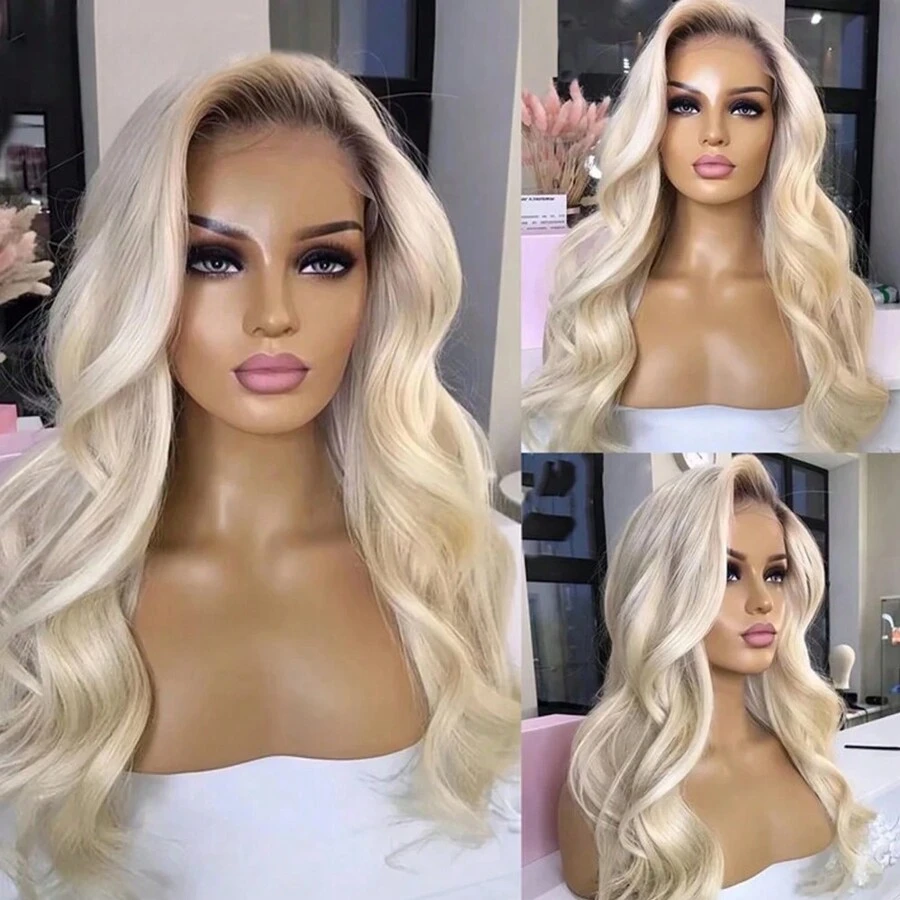 Ombre Platinum Blonde Body Wave Synthetic Hair Wigs 13x4 Lace Front Wigs For Women 26 Inch Dark Root  Long Wavy Lace Frontal Wig - 漸層金髮女郎 - 查看 1