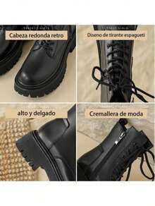 Botas cortas de estilo británico para mujer, Botas de Agujetas para Mujer, Botas Militares de Combate con Cordones para Mujer, Botas de combate con cremallera lateral minimalista, diseño de hebilla, con cordones frontales, para combinar con ropa de otoño