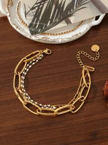 1条不锈钢女士时尚简约潮流珍珠回形针双层链手链，适合约会、派对和办公场合佩戴 - 金黃色 - 查看 6