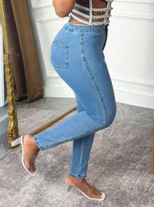 Fall Winter Light Blue Stretch High Waist Skinny Jeans Women,Casual Slim Fit Denim Pants, Suitable Daily, Home, Office - Rửa trung bình - Xem 2