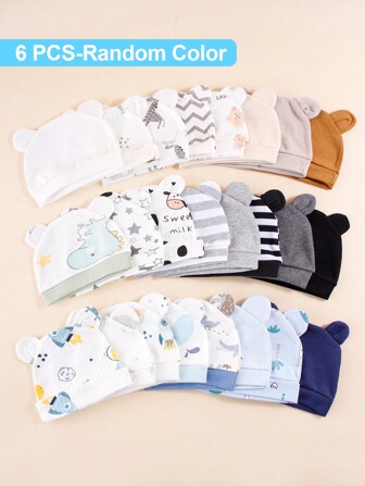 6pcs/Set Random Newborn Baby Boy 0-3M Solid Color & Printed Earflap Warm Beanie Hats, Cute Everyday Infant Accessories