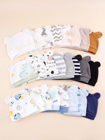 6pcs/Set Random Newborn Baby Boy 0-3M Solid Color & Printed Earflap Warm Beanie Hats, Cute Everyday Infant Accessories