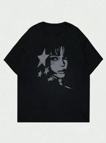 Camiseta de Manga Curta com Gola Redonda Estampada Casual para Meninas e Crianças Pequenas no Verão - Camiseta de Moda Estilo Pentagrama Refresca a Imaginação e Expressão Pessoal das Crianças! Roupas Infantis, Camisetas Gráficas Femininas, Blusas de Verão, Roupas de Menina Pré-Adolescente