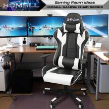 Homall Gaming Chair, Office Chair High Back Computer Chair Leather Desk Chair Racing Executive Ergonomic Adjustable Swivel Task Chair With Headrest And Lumbar Support (White) - Blue - View 10