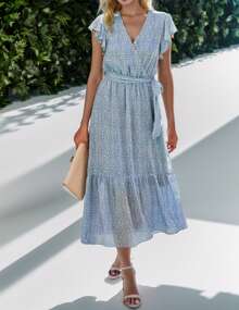 hoteel Women Summer Floral Casual V Neck Ruffle Sleeveless Midi Dress - Màu xanh nhạt - Xem 6