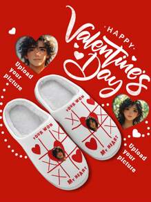 1 Pair Custom Valentine's Day Couple Photo Slippers, Personalized Fur Slippers With XOXO Love Design, Unique Romantic Gift For Him And Her , Cherish Your Love With Matching His And Hers Heart, Cozy Warm And Soft Slippers