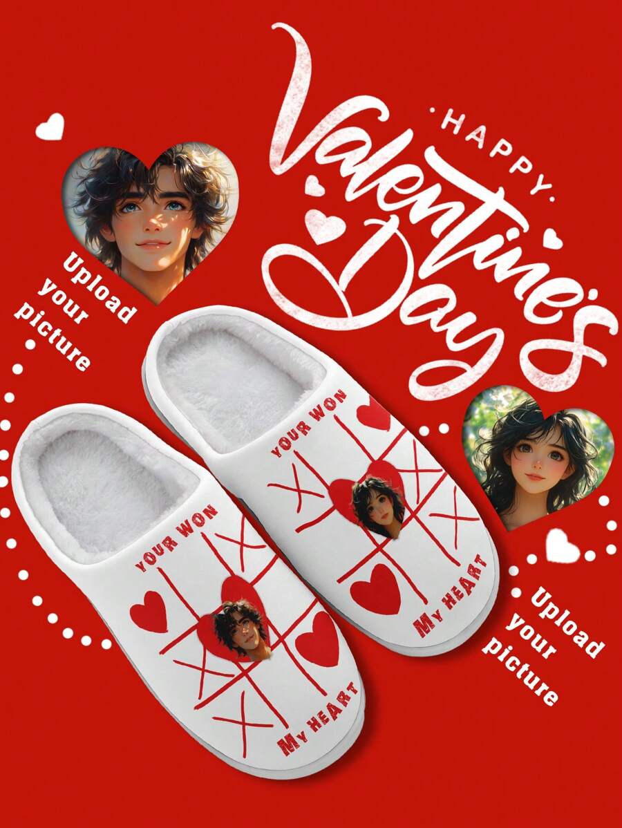 1 Pair Custom Valentine's Day Couple Photo Slippers, Personalized Fur Slippers With XOXO Love Design, Unique Romantic Gift For Him And Her , Cherish Your Love With Matching His And Hers Heart, Cozy Warm And Soft Slippers